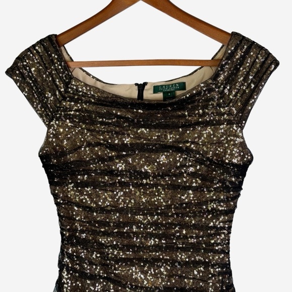 Lauren Ralph Lauren Evening Dress Size 8 Gold Sequined Black Tulle Stretch - Picture 3 of 12